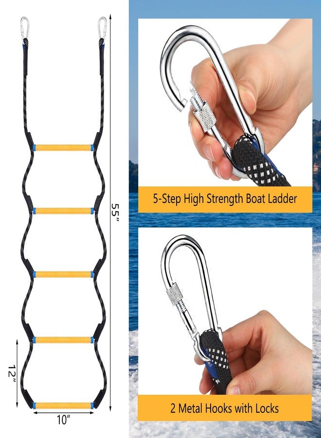 Ribbonlic 2 Pcs Boat Rope Ladder 5 Step Heavy Duty 440 Lbs Flexible Rope Marine Boat Boarding Ladder for Inflatable Pontoon Canoeing Motorboat Climbing Game(55",Black) - Image 2