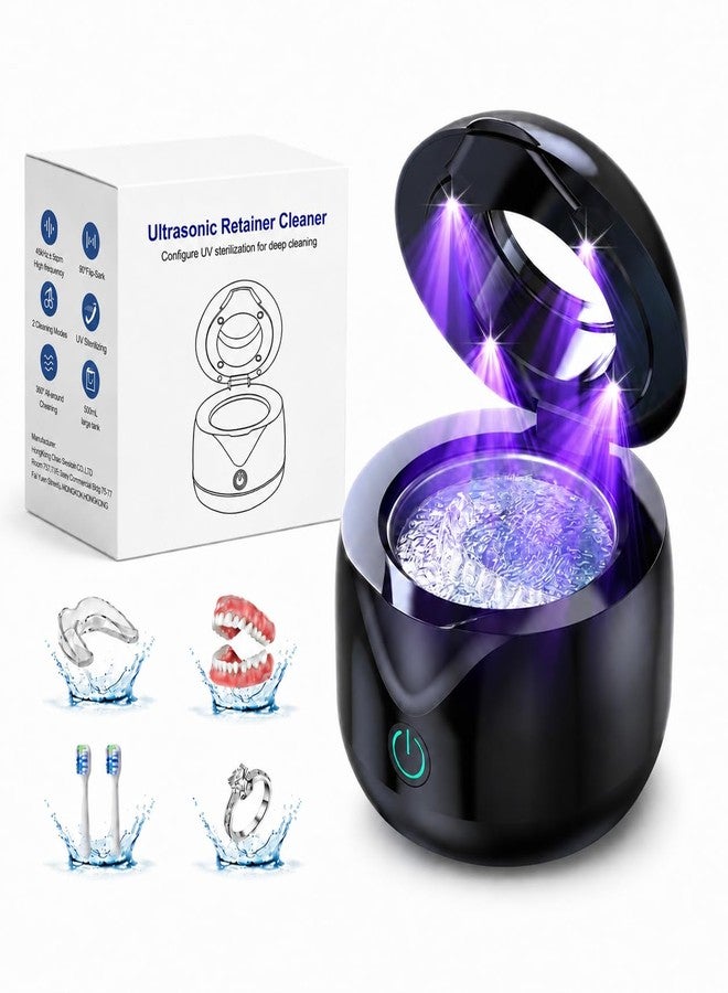CXRUY Ultrasonic Retainer Cleaner - UV Dental Cleaning Pod Night Guard Cleaner for Dentures, Aligner, Braces, Toothbrush Heads, Jewelry (Black - Image 1