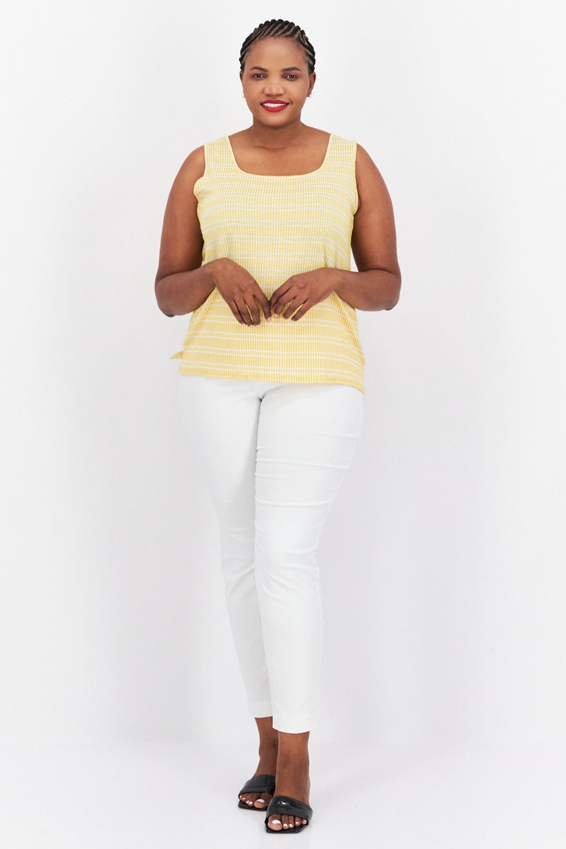 Kasper  Women Plus Size Square Neck Sleeveless Striped Tank Top, Yellow - Image 4