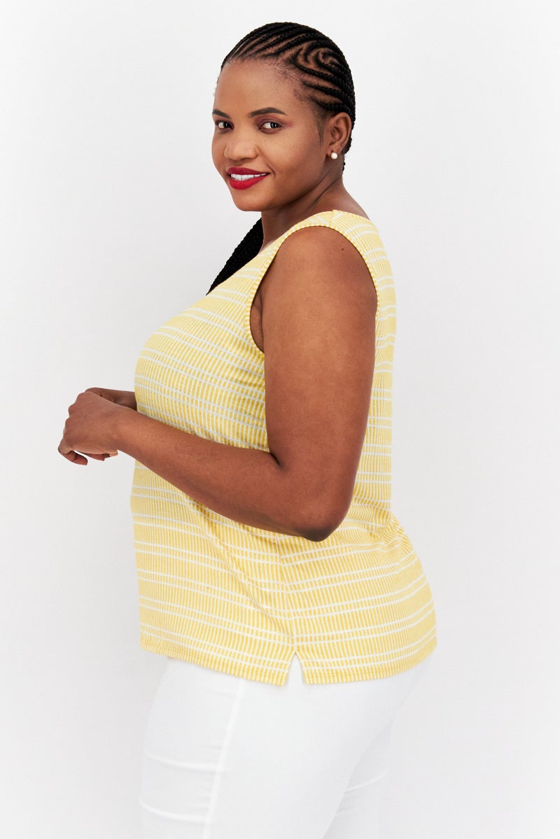 Kasper  Women Plus Size Square Neck Sleeveless Striped Tank Top, Yellow - Image 2