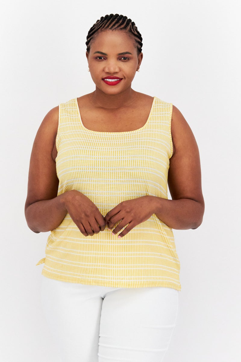 Kasper  Women Plus Size Square Neck Sleeveless Striped Tank Top, Yellow - Image 1