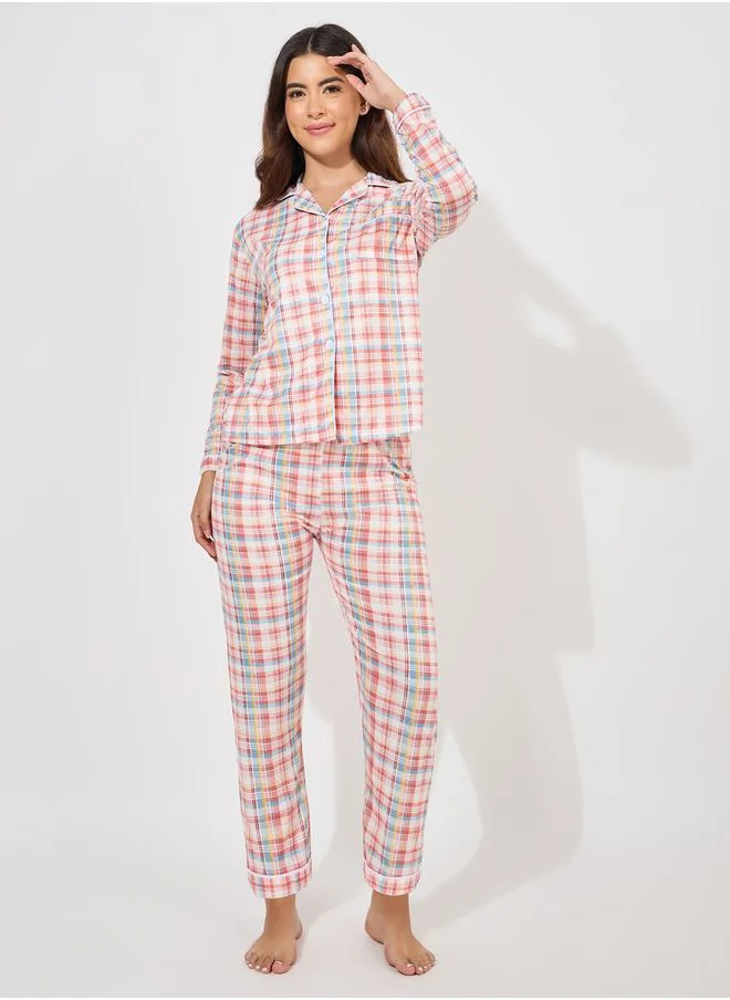 Styli Checked Piped Button Through Shirt & Pyjama Set