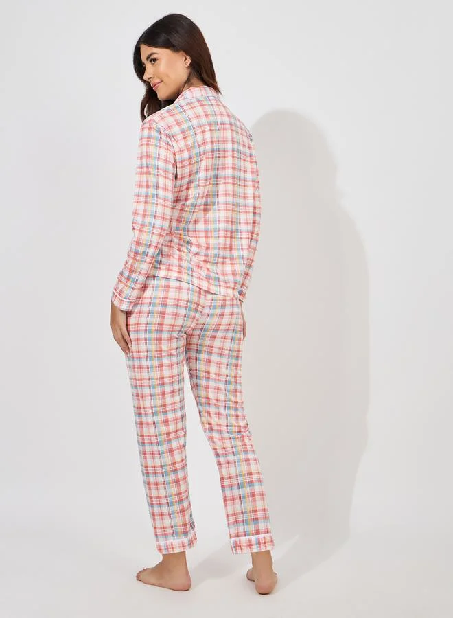 Styli Checked Piped Button Through Shirt & Pyjama Set