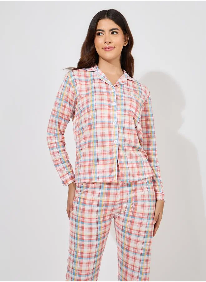 Styli Checked Piped Button Through Shirt & Pyjama Set