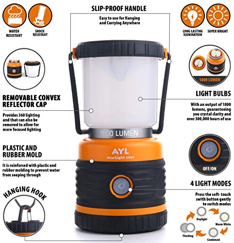 AYL LED Camping Lantern Rechargeable, 1800LM, 4 Light Modes, 4400mAh Power Bank, IP44 Waterproof, Perfect Lantern Flashlight for Hurricane, Emergency, Power Outages, Home and More, with USB Cable (2 Pack) - Image 3