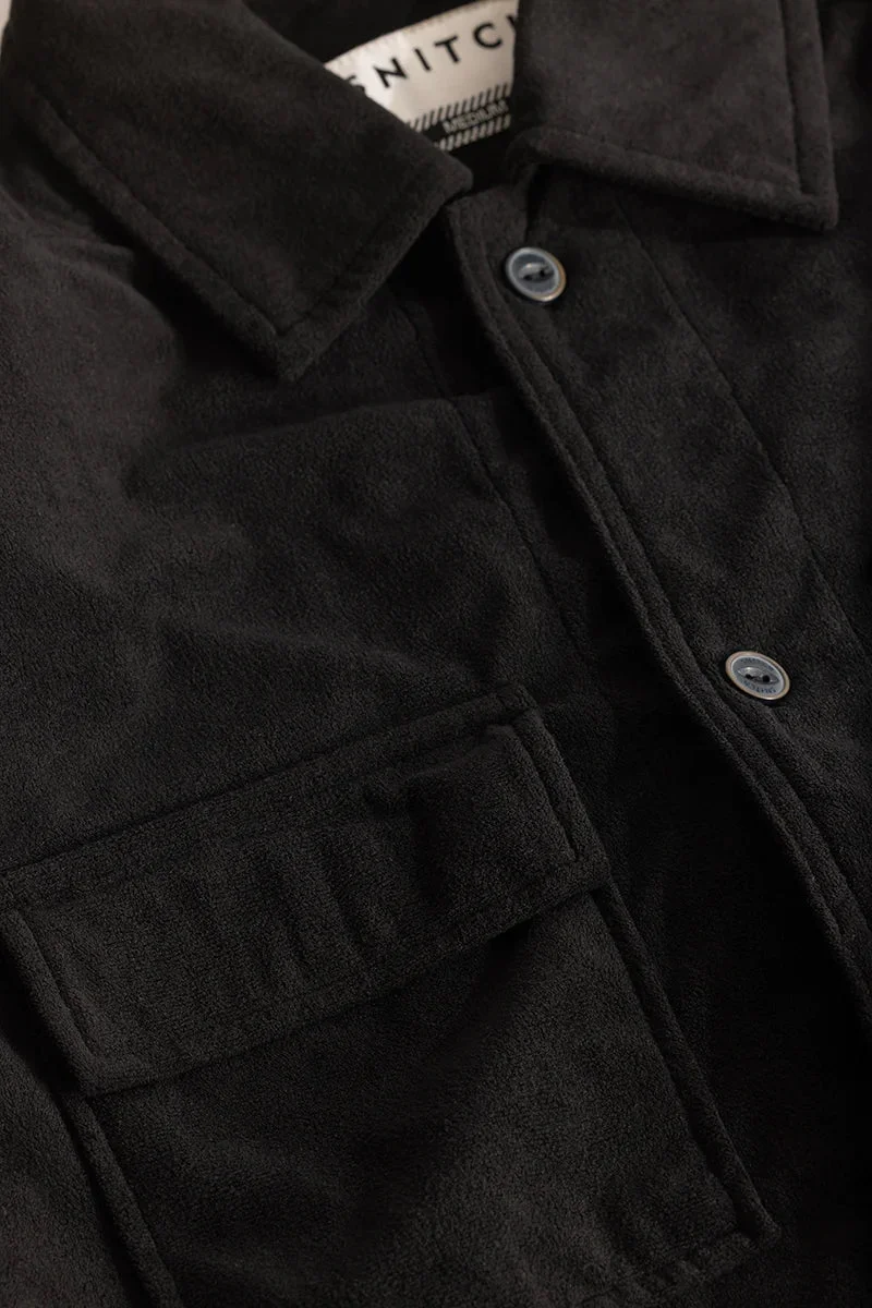 سنيتش Black Textured Long Sleeve Relaxed Streetwear Overshirt