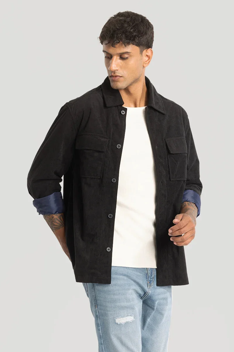 سنيتش Black Textured Long Sleeve Relaxed Streetwear Overshirt