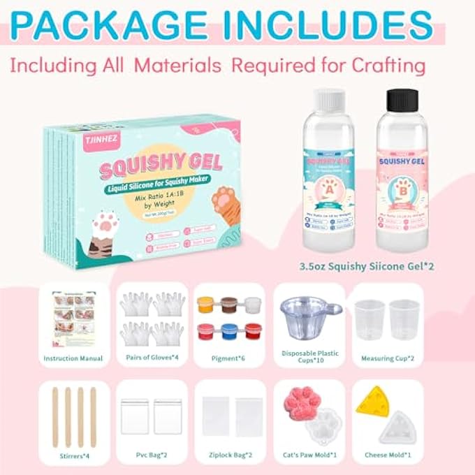 TJINHEZ Taba Squishy Kit - 7oz DIY Liquid Silicone Making Set for Squishy Maker, All-in-one Rubber Squishy Kit with Guided, Mold, Flocking Powder - Bubble Free, Fast Cure for Beginners, Stress Relief & Gifts - Image 2