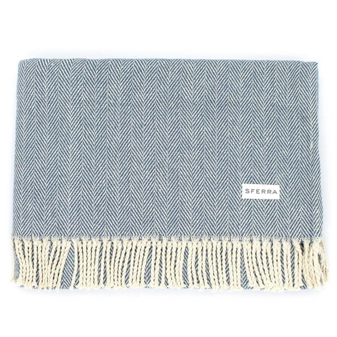 CELINE HERRINGBONE 100 COTTON THROW BLANKET CADET