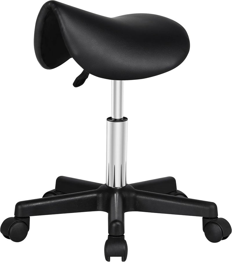 Yaheetech Saddle Stool Rolling Saddle Chair with Wheels Swivel Adjustable Stools for Hair Stylist/Lash Tech PU Leather Tattoo Massage Chair, Black