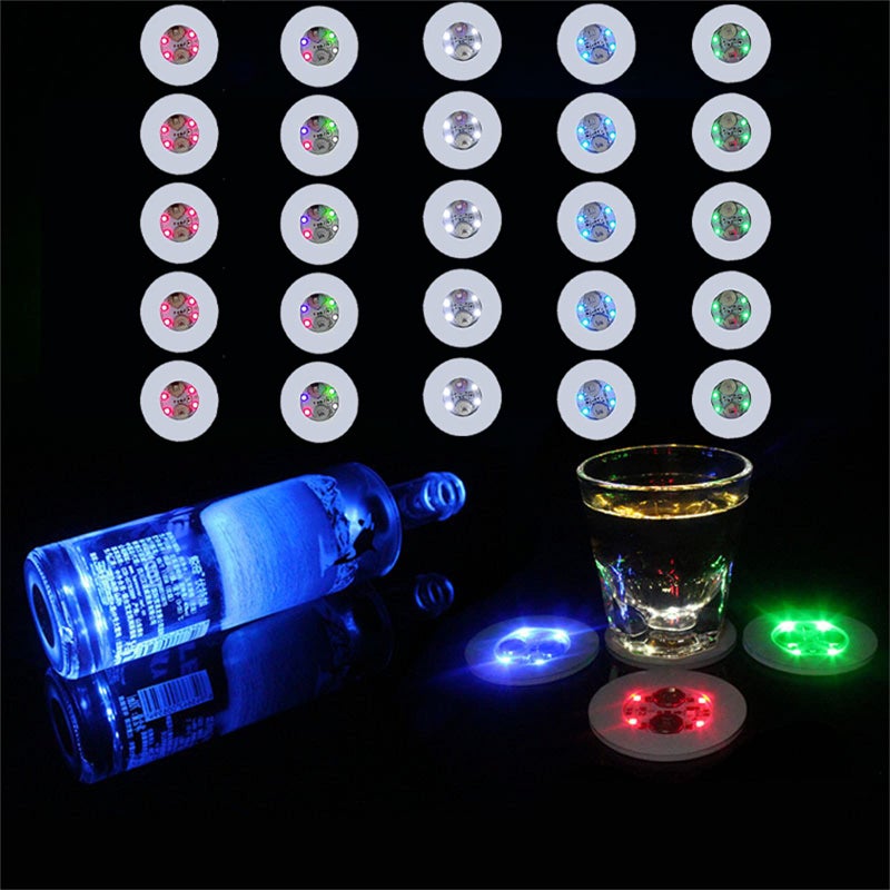AUSTUFF LED Coaster 25 Pcs Light Up Coasters for Drinks 7 Colors RGB LED Liquor Bottle Lights Stickers Coasters Flash Light Up Bar Coaster for Club Bar Party Wedding DecorMulticolor
