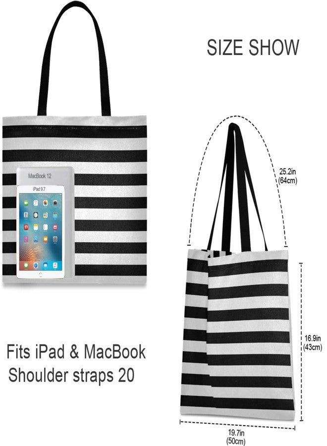 visesunny Women's Large Canvas Tote Shoulder Bag Black White Stripe Top Storage Handle Shopping Bag Casual Reusable Tote Bag for Beach,Travel,Groceries,Books - Image 2