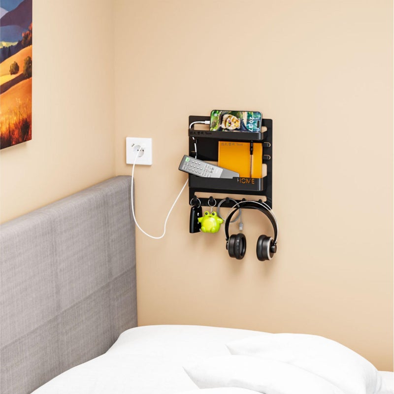 Yieach Bedside Shelf for Dorm Bed,Rv,Small Room and Nightstand,Wall Mounted Floating Shelves and Bedside Wall Organizer for Remote,Phone Holder,Charging Shelf,Cute Bedroom Decor for College Girl,Black - Image 2