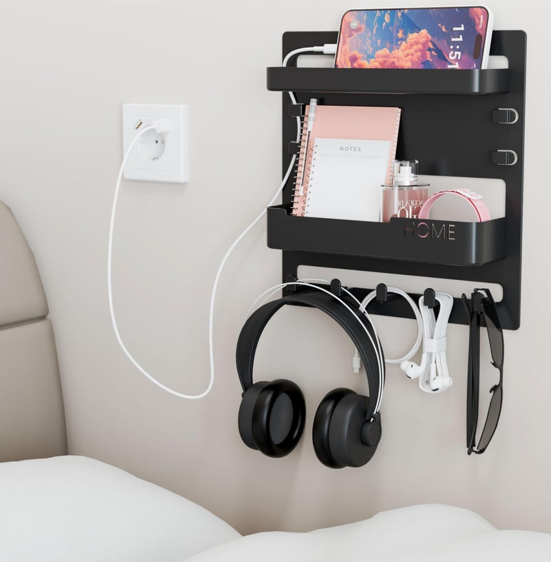 Yieach Bedside Shelf for Dorm Bed,Rv,Small Room and Nightstand,Wall Mounted Floating Shelves and Bedside Wall Organizer for Remote,Phone Holder,Charging Shelf,Cute Bedroom Decor for College Girl,Black - Image 1