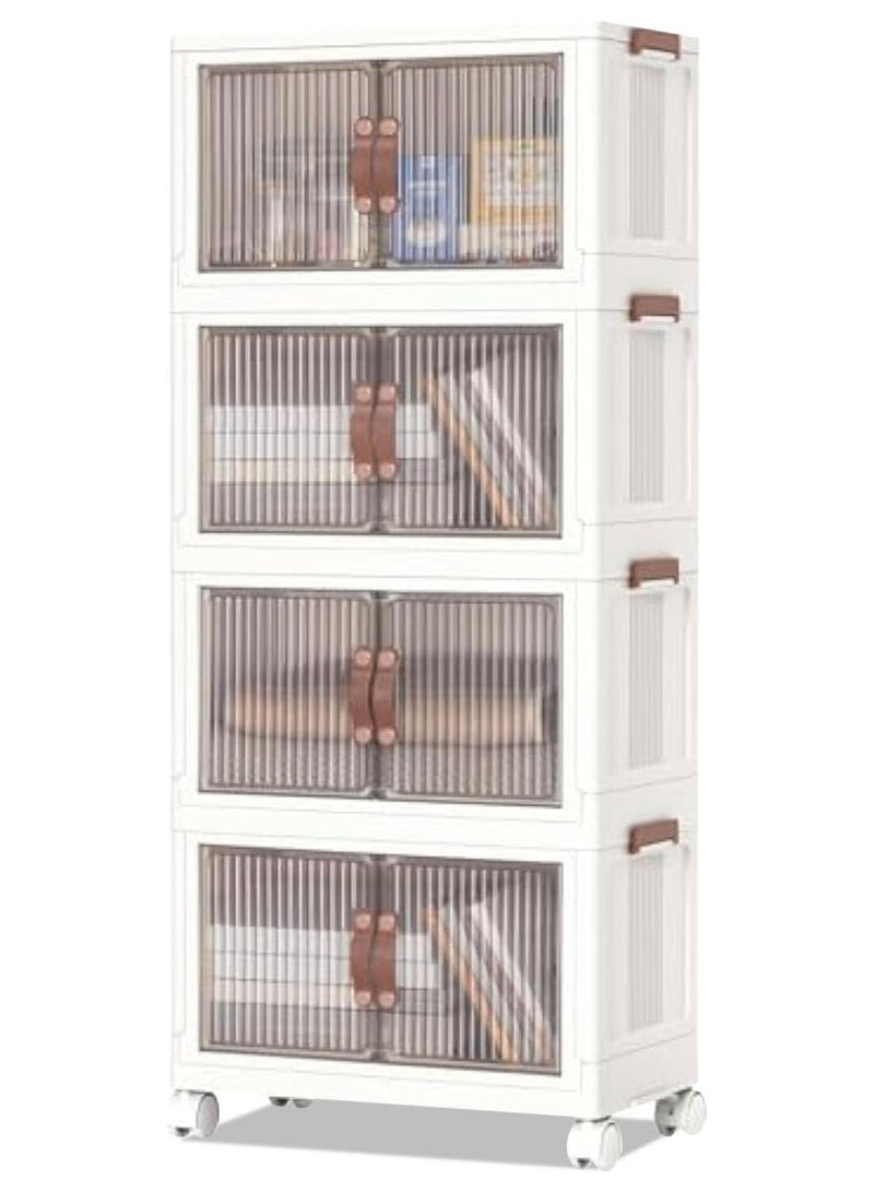 آسي بلاي خزانة تخزين قابلة للطي بـ 4 طبقات مع أبواب مغناطيسية شفافة وعجلات – صناديق تنظيم قابلة للتكديس بتصميم عصري لتخزين الملابس والألعاب والكتب والمزيد – وحدة رفوف موفرة للمساحة لغرفة النوم أو غرفة المعيشة أو السكن – باللون الأبيض - Image 1