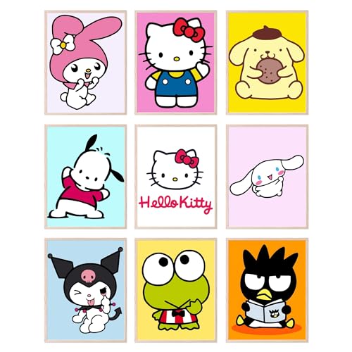 BigWig Prints Hello Kitty Poster Set  Hello Kitty Wall Decor My Melody Keroppi Pompompurin Kuromi BadtzMaru Cinnamoroll Wall Art Posters for Girls bedroom  Unframed Set Of 9 8x10