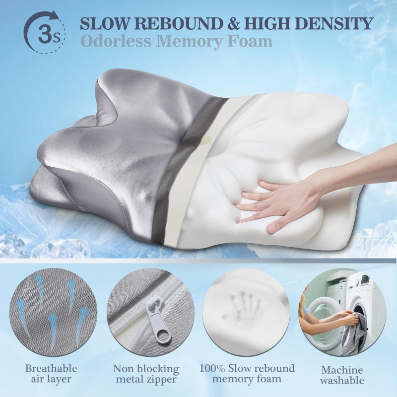 CCidea Cervical Neck Support Pillow for Sleeping & Pain Relief â€“ Ergonomic Contour Memory Foam Pillows for Side/Back/Stomach Sleepers, 2 Heights with Removable Silk Satin Cover - Gifts for Men & Women - Image 2