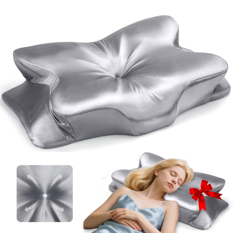 CCidea Cervical Neck Support Pillow for Sleeping & Pain Relief â€“ Ergonomic Contour Memory Foam Pillows for Side/Back/Stomach Sleepers, 2 Heights with Removable Silk Satin Cover - Gifts for Men & Women - Image 1