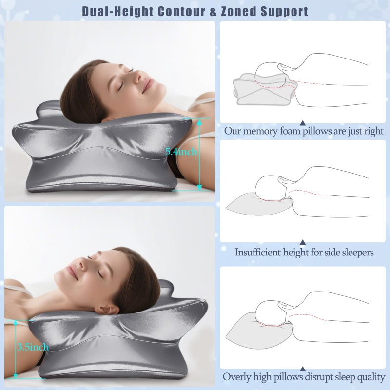 CCidea Cervical Neck Support Pillow for Sleeping & Pain Relief â€“ Ergonomic Contour Memory Foam Pillows for Side/Back/Stomach Sleepers, 2 Heights with Removable Silk Satin Cover - Gifts for Men & Women - Image 4