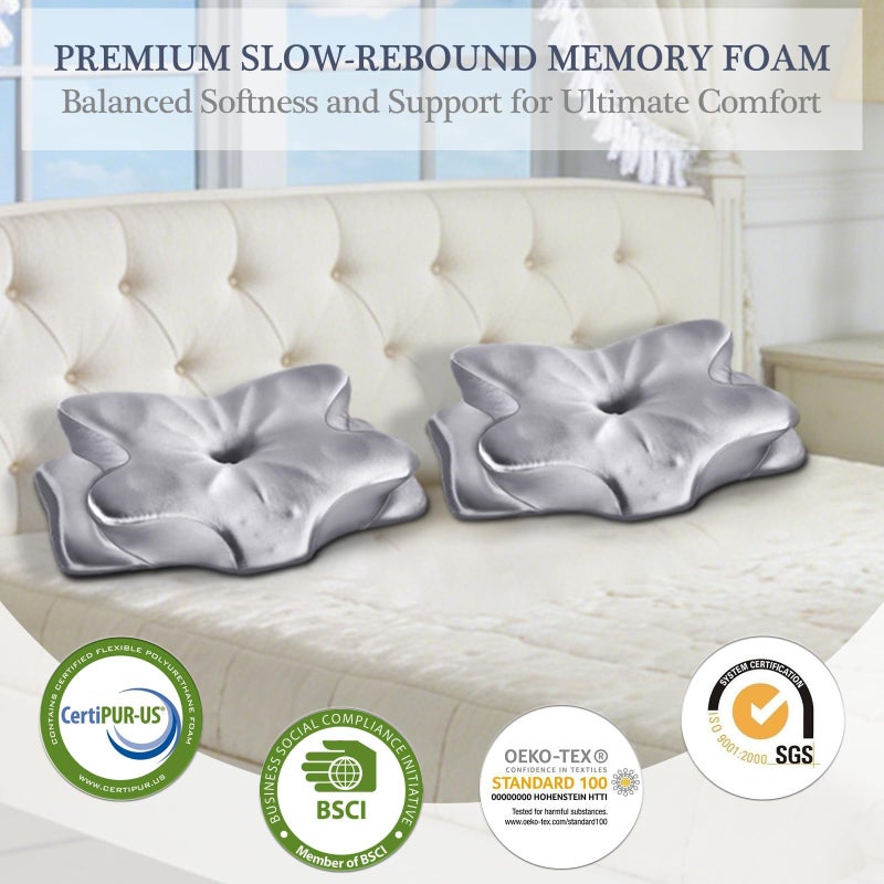 CCidea Cervical Neck Support Pillow for Sleeping & Pain Relief â€“ Ergonomic Contour Memory Foam Pillows for Side/Back/Stomach Sleepers, 2 Heights with Removable Silk Satin Cover - Gifts for Men & Women - Image 5