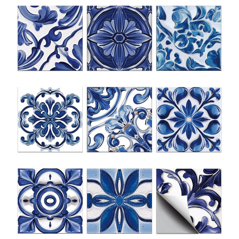 CHGCRAFT 36PCS Portuguese Style Wall Stickers Blue Grey Geometric Shape Wall Tile Stickers Self Adhesive Stick on Tile Waterproof Decals for Kitchen Bathroom Toilet Decor, 4x4 Inches - Image 1