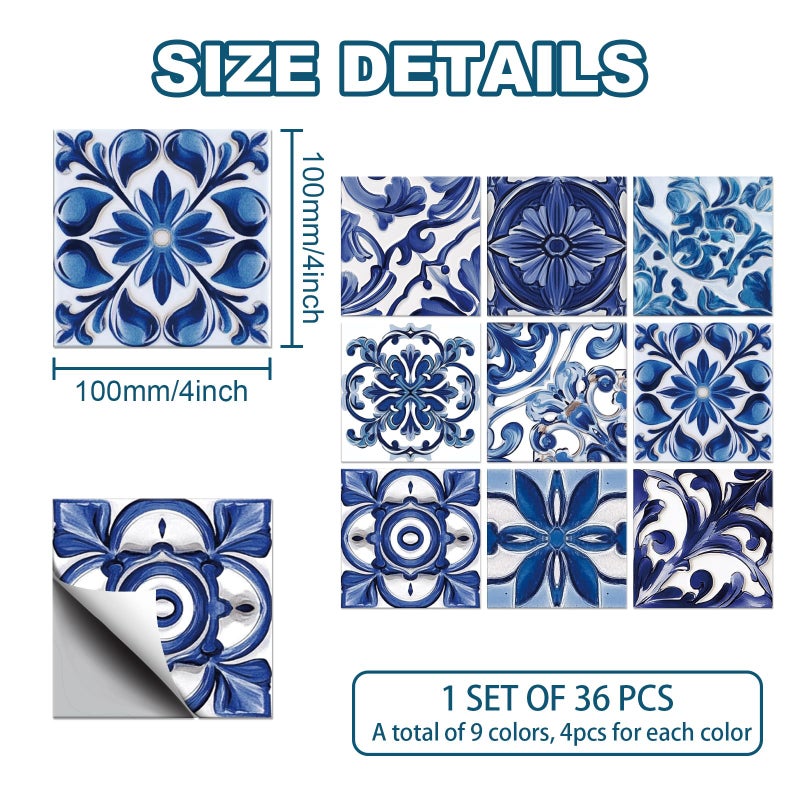 CHGCRAFT 36PCS Portuguese Style Wall Stickers Blue Grey Geometric Shape Wall Tile Stickers Self Adhesive Stick on Tile Waterproof Decals for Kitchen Bathroom Toilet Decor, 4x4 Inches - Image 2