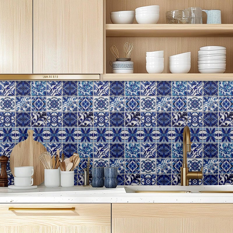 CHGCRAFT 36PCS Portuguese Style Wall Stickers Blue Grey Geometric Shape Wall Tile Stickers Self Adhesive Stick on Tile Waterproof Decals for Kitchen Bathroom Toilet Decor, 4x4 Inches - Image 3
