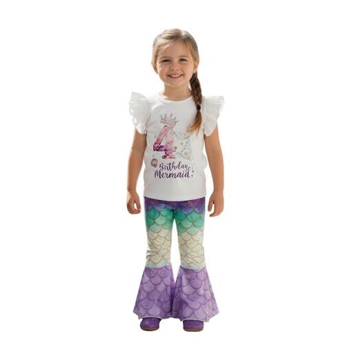 Honganda Toddler Baby Girl Birthday Mermaid Outfit 2nd 3rd 4th T-shirt Top with Mermaid Pants Summer Cake Smash Clothes Set (Four, 4T) - Image 1