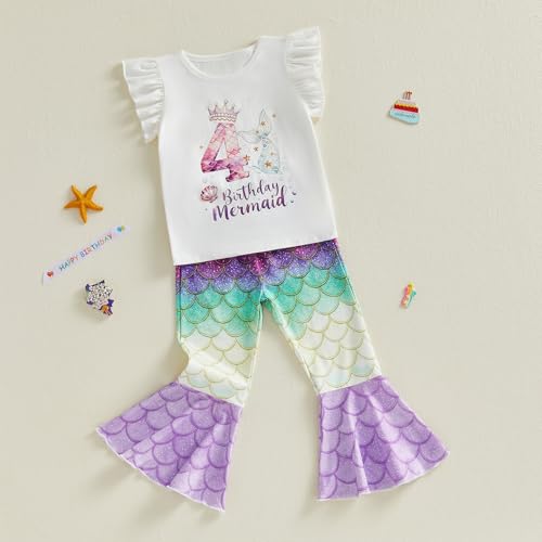 Honganda Toddler Baby Girl Birthday Mermaid Outfit 2nd 3rd 4th T-shirt Top with Mermaid Pants Summer Cake Smash Clothes Set (Four, 4T) - Image 5