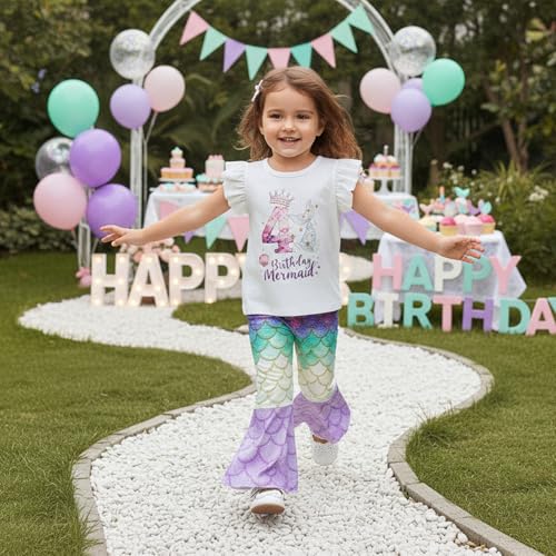 Honganda Toddler Baby Girl Birthday Mermaid Outfit 2nd 3rd 4th T-shirt Top with Mermaid Pants Summer Cake Smash Clothes Set (Four, 4T) - Image 3