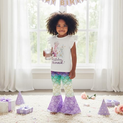 Honganda Toddler Baby Girl Birthday Mermaid Outfit 2nd 3rd 4th T-shirt Top with Mermaid Pants Summer Cake Smash Clothes Set (Four, 4T) - Image 2