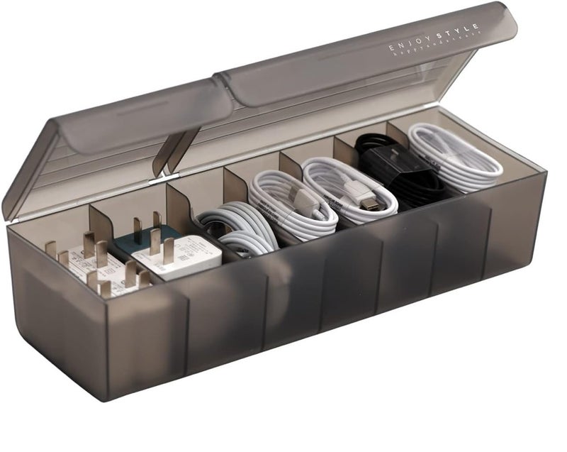 HOME CUBE Plastic Data Cable Organizer Box Charger Cable Management 7 Compartments Storage Box For Usb Cord Sorter, Cards, Paper Clips, Mobile Charger, Stationary Items (Grey) - Image 1