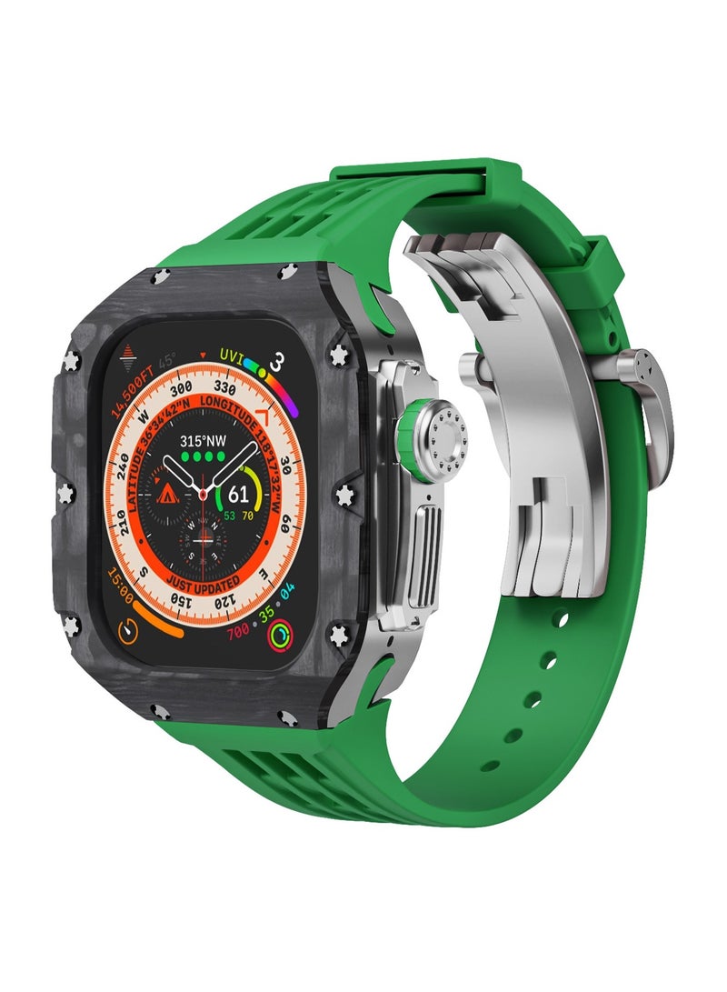 AROAQ Carbon Fiber Case For Apple Watch, 49mm Fluororubber Band Metal Bazel For Iwatch, Ultra Titanium Alloy Integrated Protective Case, (Carbon shell-silver titanium frame-green tape) - Image 1