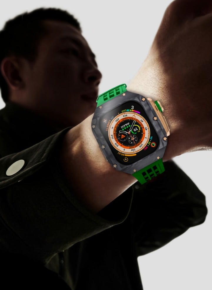 AROAQ Carbon Fiber Case For Apple Watch, 49mm Fluororubber Band Metal Bazel For Iwatch, Ultra Titanium Alloy Integrated Protective Case, (Carbon shell-silver titanium frame-green tape) - Image 4