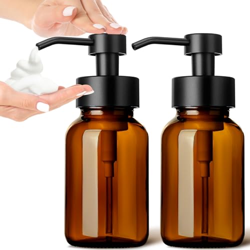 GM GMISUN GMISUN Foaming Soap Dispenser, 8.5 fl oz / 250ml Amber Glass Foam Soap Dispenser for Bathroom & Kitchen, 2 Pack Modern Refillable Foaming Hand Soap Dispensers, Foam Pump Bottle with Waterproof Labels - Image 1