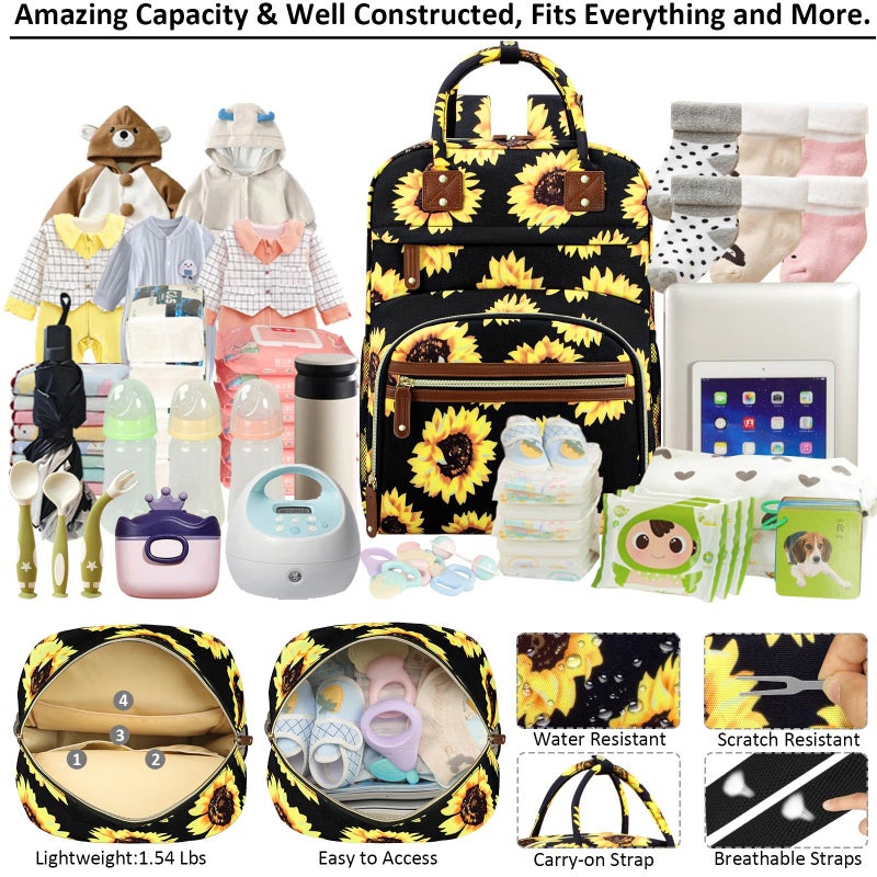 Tenot Diaper Backpack Tote Large Capacity, Baby Bag with Insulated Pockets Multifunctional Diaper Bags For Baby Girl Boy Women Waterproof Bags Mama Maternity Bag Sunflower - Image 3