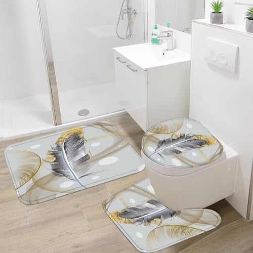 DDQQ 4Pcs Abstract Bubble and Feathers Shower Curtain Set Gray and Golden Bathroom Sets Shower Curtain with 12 Hooks Bathroom Decor with Rugs Bath Accessories with Mats Toilet Lid Cover - Image 3