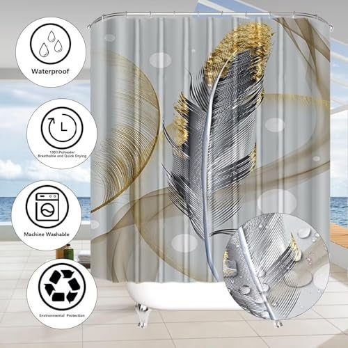 DDQQ 4Pcs Abstract Bubble and Feathers Shower Curtain Set Gray and Golden Bathroom Sets Shower Curtain with 12 Hooks Bathroom Decor with Rugs Bath Accessories with Mats Toilet Lid Cover - Image 5