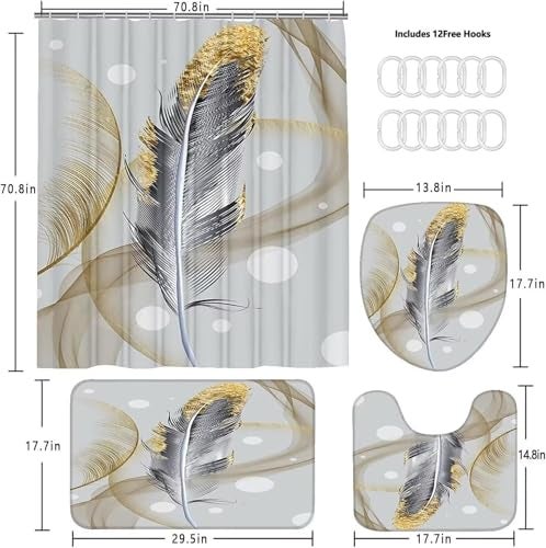 DDQQ 4Pcs Abstract Bubble and Feathers Shower Curtain Set Gray and Golden Bathroom Sets Shower Curtain with 12 Hooks Bathroom Decor with Rugs Bath Accessories with Mats Toilet Lid Cover - Image 4