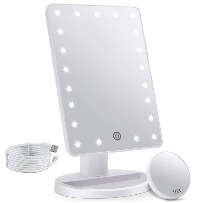 MAKEUP VANITY MIRROR WITH LIGHTS AND DETACHABLE 10X MAGNIFICATION 21 LED LIGHTS ADJUSTABLE DIMMING TOUCH SENSOR DUAL POWER SUPPLY 180 ROTATION PORTABLE COSMETIC MIRRORWHITE