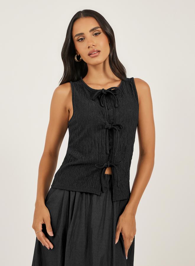 Styli Women Black Ribbed Tie Front Sleeveless Knit Top  - Image 1