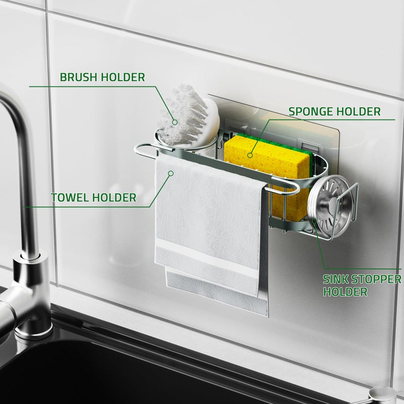 Cisily Sage Green Kitchen Sink Caddy Sponge Holder in the Sink, Stainless Steel Kitchen Organizer, Brush Holder, Dish Cloth Hanger 2 Installation Ways (Suction & Adhesives - Image 5