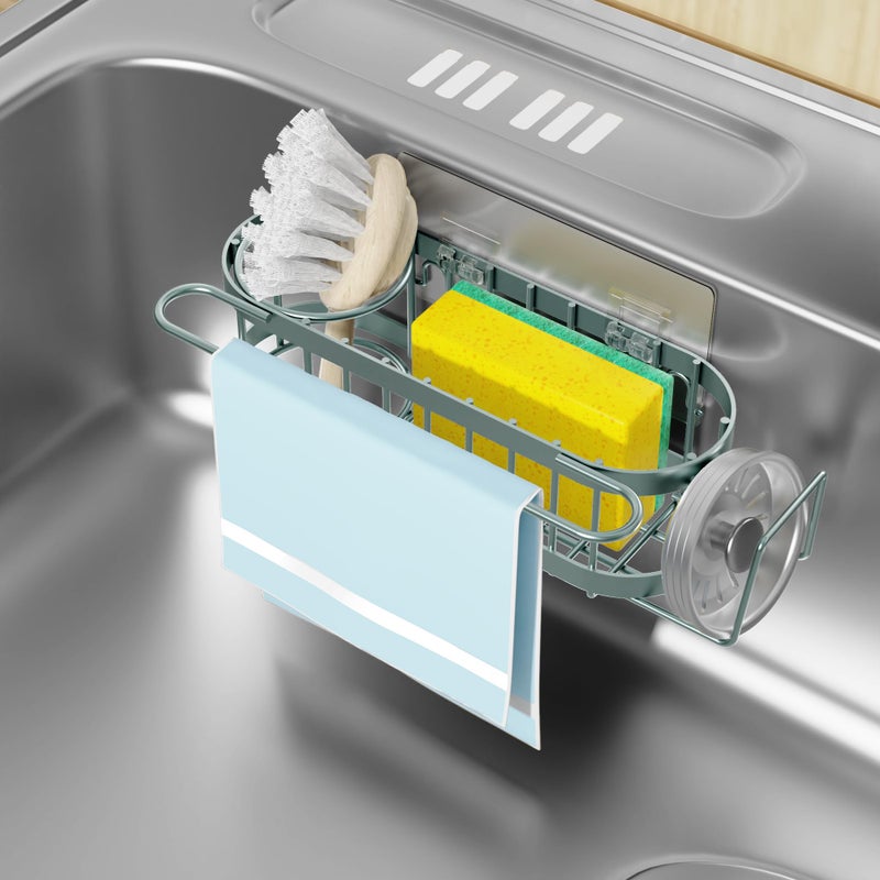 Cisily Sage Green Kitchen Sink Caddy Sponge Holder in the Sink, Stainless Steel Kitchen Organizer, Brush Holder, Dish Cloth Hanger 2 Installation Ways (Suction & Adhesives - Image 1