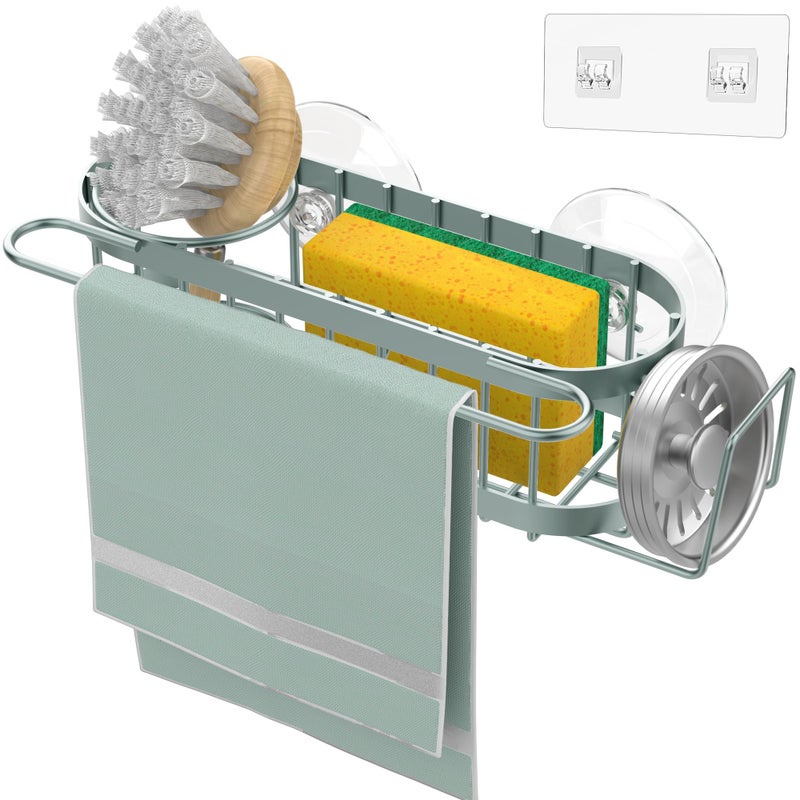 Cisily Sage Green Kitchen Sink Caddy Sponge Holder in the Sink, Stainless Steel Kitchen Organizer, Brush Holder, Dish Cloth Hanger 2 Installation Ways (Suction & Adhesives - Image 2