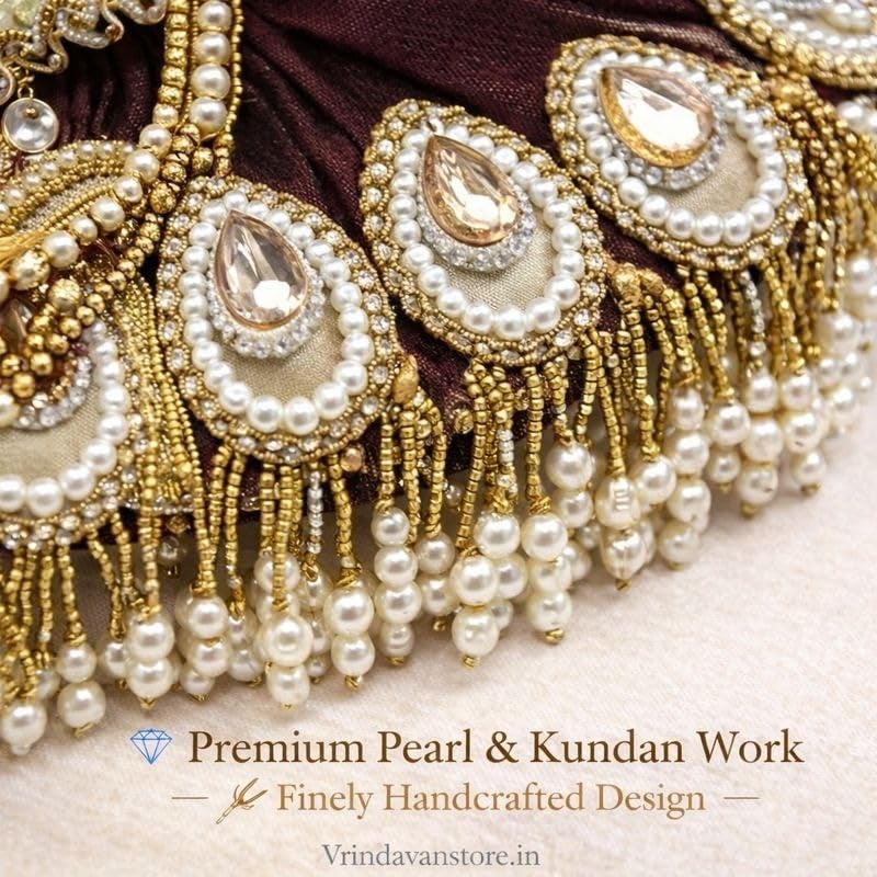 Vrindavanstore.in Janmashtami Special Brown Golden Laddu Gopal Dress | Peacock Wing Design Poshak with Pagdi, Patka & Choli | Pearl & Stone Embroidery | Bal Gopal Dress for Janmashtami Pooja Size-01 - Image 3