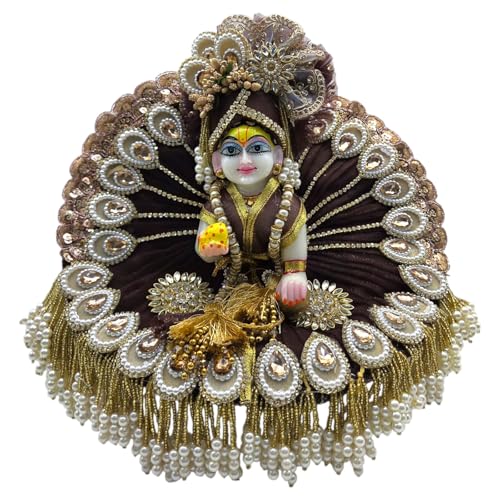 Vrindavanstore.in Janmashtami Special Brown Golden Laddu Gopal Dress | Peacock Wing Design Poshak with Pagdi, Patka & Choli | Pearl & Stone Embroidery | Bal Gopal Dress for Janmashtami Pooja Size-01 - Image 1