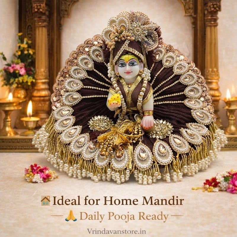 Vrindavanstore.in Janmashtami Special Brown Golden Laddu Gopal Dress | Peacock Wing Design Poshak with Pagdi, Patka & Choli | Pearl & Stone Embroidery | Bal Gopal Dress for Janmashtami Pooja Size-01 - Image 4