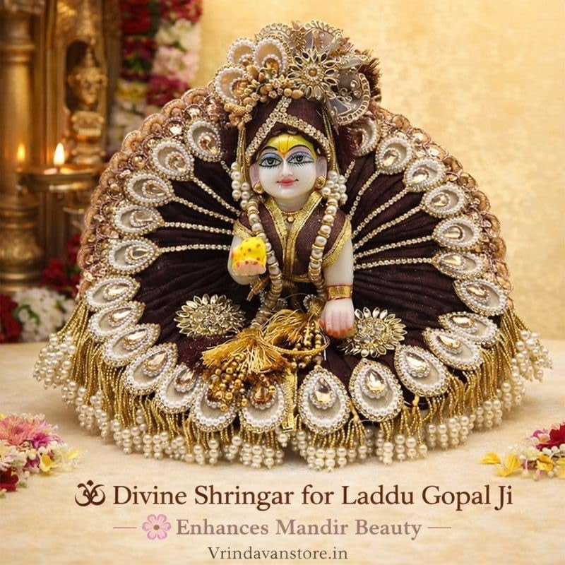 Vrindavanstore.in Janmashtami Special Brown Golden Laddu Gopal Dress | Peacock Wing Design Poshak with Pagdi, Patka & Choli | Pearl & Stone Embroidery | Bal Gopal Dress for Janmashtami Pooja Size-01 - Image 2