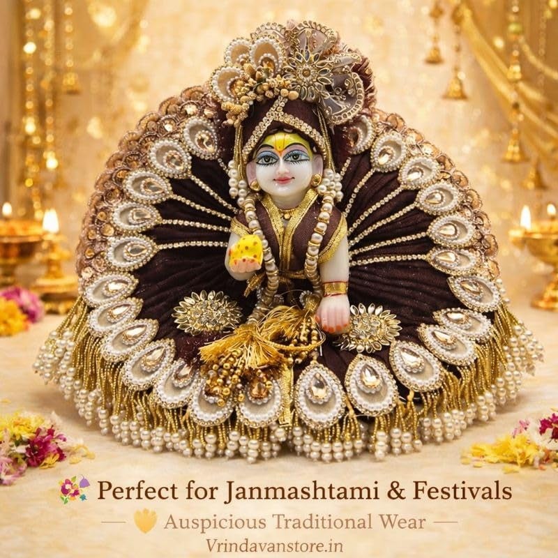 Vrindavanstore.in Janmashtami Special Brown Golden Laddu Gopal Dress | Peacock Wing Design Poshak with Pagdi, Patka & Choli | Pearl & Stone Embroidery | Bal Gopal Dress for Janmashtami Pooja Size-01 - Image 5