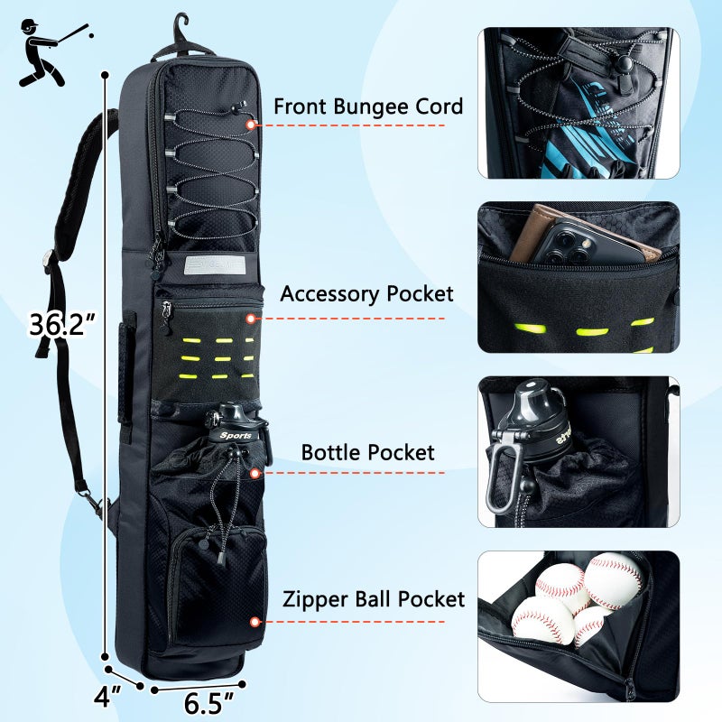 VIGEGARI Baseball Bat Bag Backpack Holds 4 Bats, Slim Bat-Focused Design for Youth & Adults, Baseball Bag with Fence Hook, Padded Bat Case with Ball Pocket, Softball & T-Ball Bat Carrying Bag - Image 4
